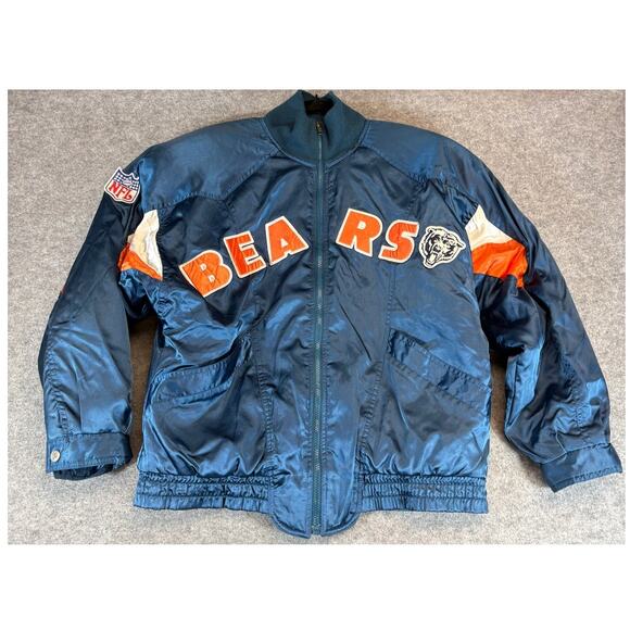 Vintage 90s Chicago Bears NFL Varsity Satin Jacket Mens Large Blue Cliff Engle - Picture 1 of 6